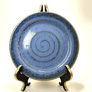 Signed Studio Pottery Blue Stoneware Plate 7" USA Spiral Swirl Handmade